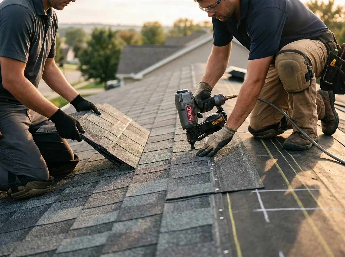 Professional roofer working on a residential roof in Perryton